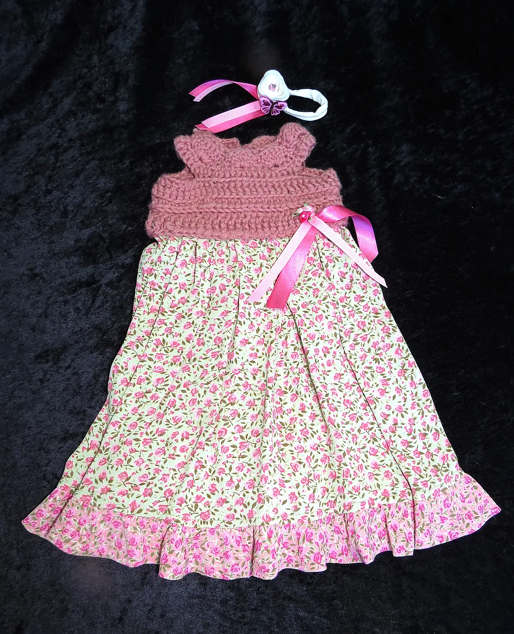 One-of-a-kind crocheted yoke w/ fabric skirt